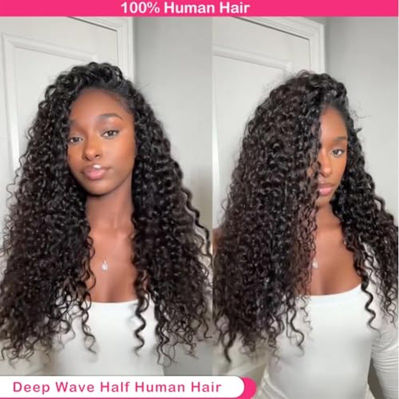 Curly Half Wig Human Hair Deep Wave, All Hairstyles In One Curly Half Wigs, Flip Over With Adjustable String Invisilbe Hairline Beginner Friendly Headband Wig for Black Women 200% Density 16 Inch
