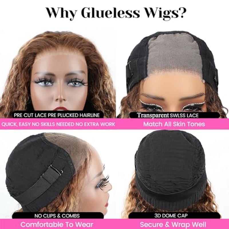 ISEE Wear and Go Glueless Wigs Bob Water Wave Human Hair Pre Plucked Pre Cut Ombre Highlight Bob Wig Human Hair for Women 180% Density Transparent Lace Front Wigs Ready to Wear for Beginners 14 Inch