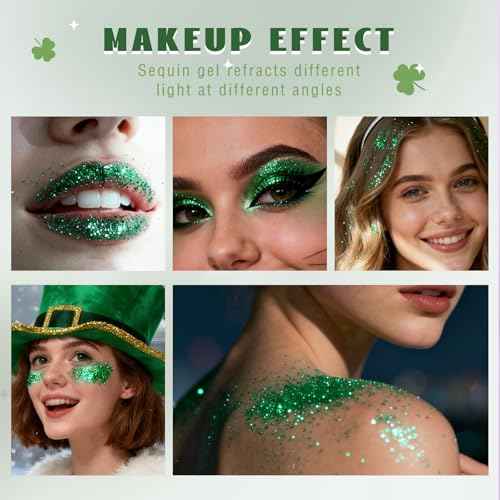 Roll-on Green Body Glitter Gel for Face Hair, St Patricks Day Accessories, Chunky Mermaid Sequins Halloween Festival Party Rave Outfits Christmas Face Paint Glitter Makeup for Women Kids