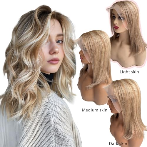 8T860 13x6 Blonde Bob Lace Front Wigs Human Hair for Women 12 Inch Ombre Highlights Brown with Blonde HD Straight Lace Frontal Wigs Human Hair 180% Density Pre Plucked Bleached Knots Glueless Wig