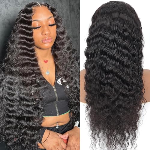 XVE 30 Inch Deep Wave Lace Front Wig Human Hair 13x4 Lace Front Wigs Human Hair Pre Plucked 200% Density Transparent Lace Frontal Curly Wigs For Women Glueless Wig Natural Black