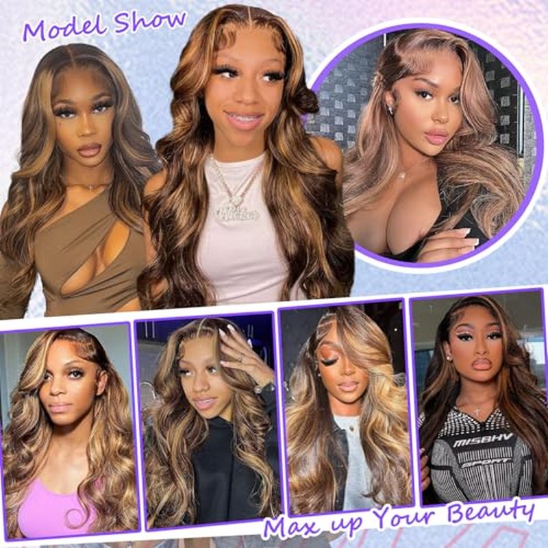 Honey Blonde Ombre Lace Front Wig Human Hair Highlight Body Wave 13X6 Lace Front Wigs 180 Density Glueless 4/27 Highlighted Human Hair Wig 26 Inch
