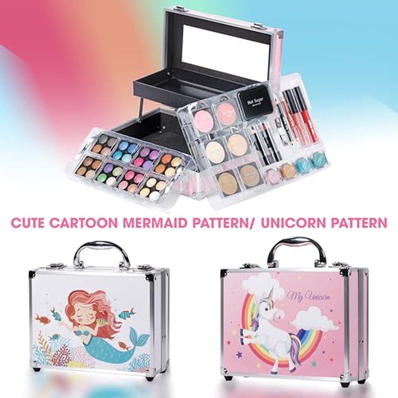 Hot Sugar Makeup Kit for Girls, Kids Makeup Set with Unicorn Train Case Includes Eyeshadow Palette, Blush, Lipstick, Lip Pencil, Eye Pencil