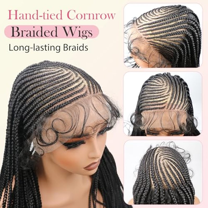 13X6 HD Lace Front Cornrow Braided Wigs for Women Knotless Braided Wigs 32" Box Braid Wig with Baby Hair Premium Synthetic Lemonade Braids Natural Looking Hair Black Braided Lace Front Wigs