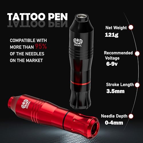 NEEBOL Wireless Tattoo Gun, Rotary Tattoo Pen, 1500mAH Battery, 10 Cartridge Needles, Digital LED Display Tattoo Accessories Complete Tattoo Machine Kit Gift for Tattoo Artists and Beginners (Red)