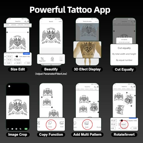 New Tattoo Stencil Printer - Wireless Bluetooth Thermal Kit with 10 Transfer Papers, Fits Custom-Size A4-A8 Width Thermal Paper, Works for Phones/Tablets/PC/Mac, for Artists & Beginners (Black)