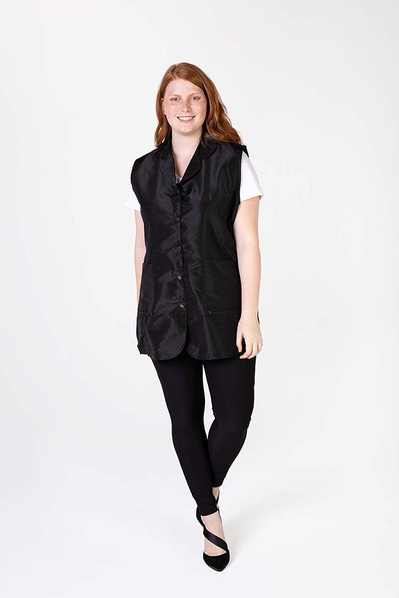 A Size Above Plus Size Vented Mesh Back Salon Stylist Vest, Cut for Curves, Stretch Mesh Back, Lower Pockets with Zippered Bottoms, Lightweight, Water Resistant Nylon/Poly, Black, 1X