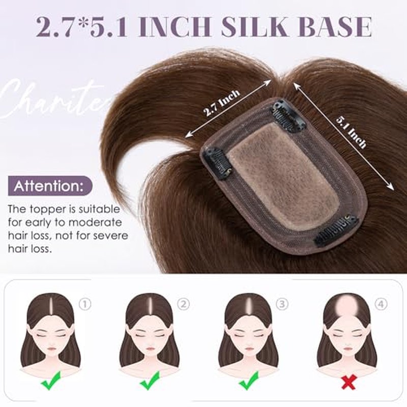 Hair Toppers for Women Real Human Hair 14 Inch Long Straight Toppers for Women with Thinning 7 * 13CM Silk Base Clip in Hairpieces with Bangs (Medium Brown)