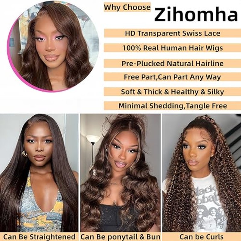 13x6 Lace Front Wigs Human Hair Pre Plucked Body Wave Chocolate Brown Lace Front Wig Human Hair 4# Brown Wig Body Wave Human Hair Wig 22 Inch