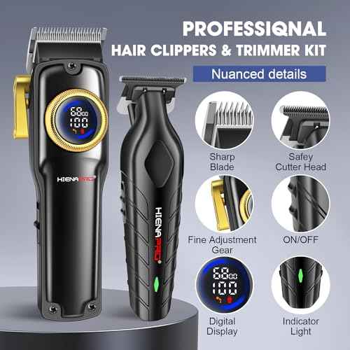 HIENA PRO Professional Hair Clippers Set for Men Cordless Barber Kit Hair Cutting Kit Rechargeable Clippers and Trimmers Set Clipper Set for Barbers with LED Display, Gifts for Men, (Black)