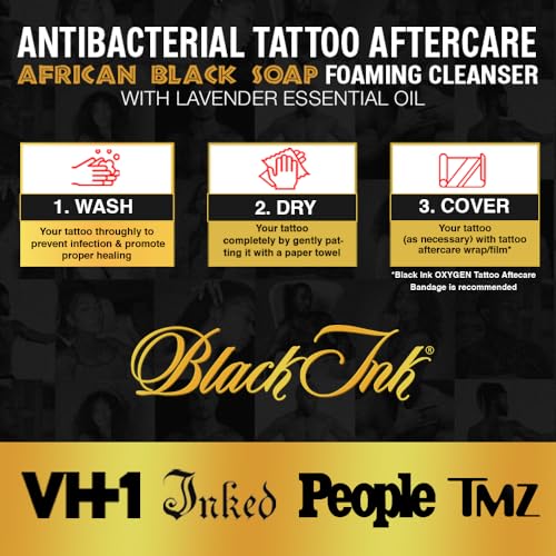BLACK INK Tattoo Aftercare Tattoo Soap - Raw African Black Soap Foaming Tattoo Cleaner w/Organic Lavender Essential Oil - Tattoo Care Soap for Tattoos - Made in the USA