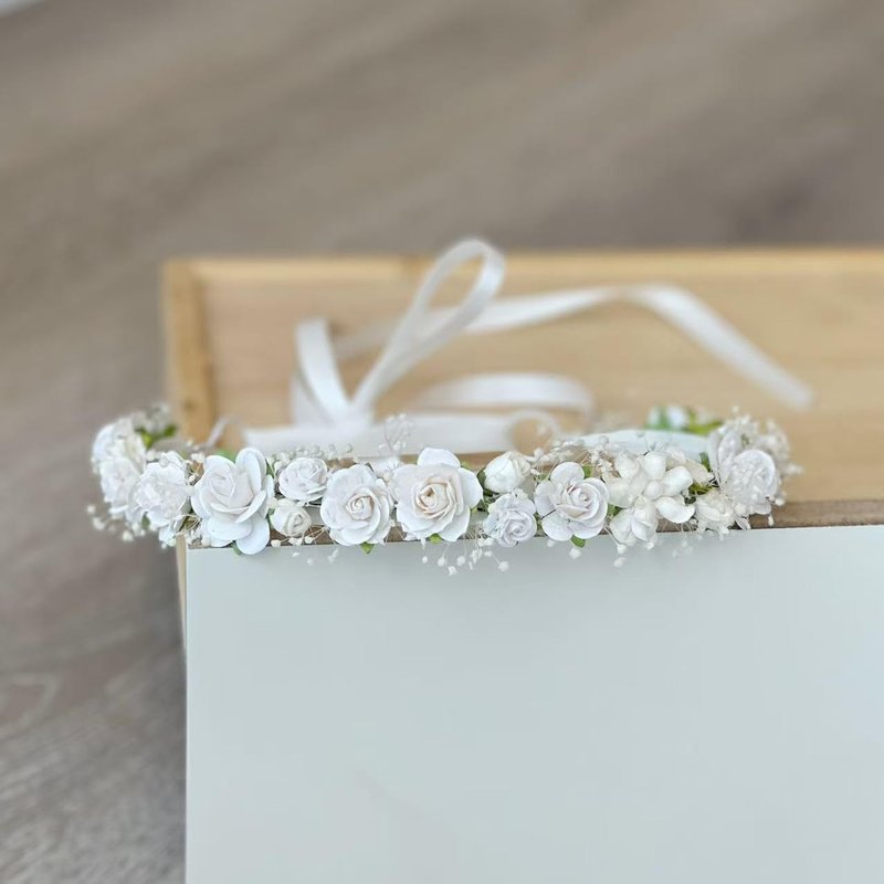 PoshMyra White Flower Girl Crown with Baby's Breath Headpiece Young Girl Communion Floral Hair Wreath Rustic Wedding Hair Accessories Headband for Child(43cm length)