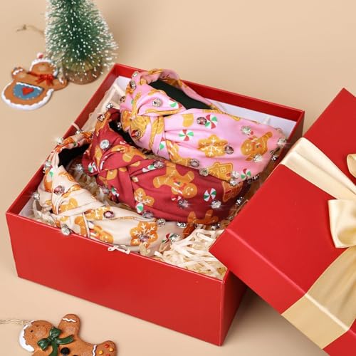 CiyvoLyeen Gingerbread Headband Ribbon Knotted with Jeweled Rhinestones for Women Wide Hot Pink Red Cookies GibberyHouse Hair Bands Girls Hair Accessories Gift Exchange Ideas 3PCS Christmas Gift