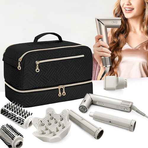 Teamoy Travel Carrying Case Compatible with Shark Flexstyle, Double-Layer Storage Bag for Shark Hyperair, Portable Travel Organizer for Dyson Airwrap Styler and Attachments, Black Quilted