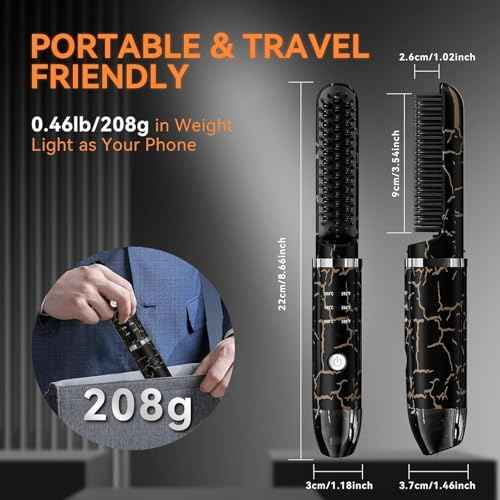 Beard Straightener for Men, Cordless Heated Beard Brush, Portable Beard Hot Combs, Ionic Mini Hair Straightener with 3 Temp Settings, Coarse Curly Hair Brush, Grooming Kit for Men