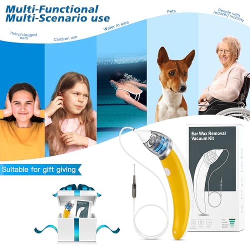 Ear Vacuum Ear Wax Removal Kit with 5 Levels Strong Suction, USB Rechargeable Reusable Electric Ear Suction Vacuum Tool for Adults and Kids (Yellow)