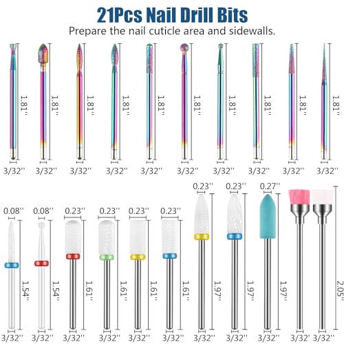 Depvko 21pcs Nail Drill Bits Sets, 3/32 Inch Cuticle Electric Nail File and Ceramic Acrylic Gel Nail Bit Kit, Acrylic Nail Art Tools, Carbide Remover Bits for Manicure Pedicure, Home Salon