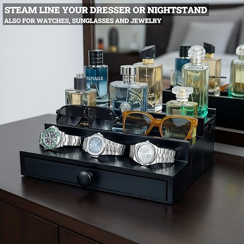 Classic Wooden Cologne Organizer for Men 3 Tier Black | High Grade Velvet Lining and Stylish Gift Box | Uncluttered Design Perfume Display Stand Gift Idea | SELUM