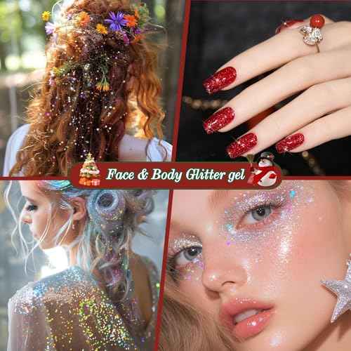 14 Colors Body Glitter,Face Glitter Makeup for Kids Women,Sparkly Chunky Hair Glitter for Eye Lip Nails,Mardi Gras Glitter Makeup Face Paint,Singer Concerts Disco Rave Festival Accessories-Christmas