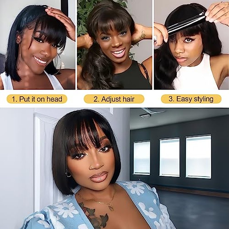 Benehair 12 Inch Light Yaki Straight Human Hair Wig Bob Wig with Bangs 2.75x1 Realistic Look Lace Glueless Wigs Human Hair Blunt Cut Short Black Bob Wig with Bangs 180% Density Natural Black