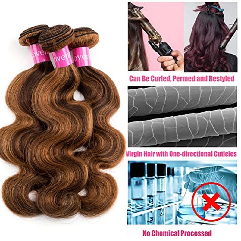 Highlight Body Wave Human Hair Bundles Brazilian Body Wave 3 Bundles 12+14+16 inch 10a 100% Brazilian Virgin Human Hair Bundles Piano Color 4/27 (12 14 16, P4/27)