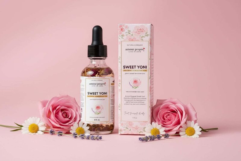 Amour Propre® Sweet Yoni - Sacred Feminine Oil | 1oz | Eliminates Odor, Restores PH Balance, Heals and soothes, Organic, Herbal Yoni Blend Made with Lavender, Rose & Chamomile Oils
