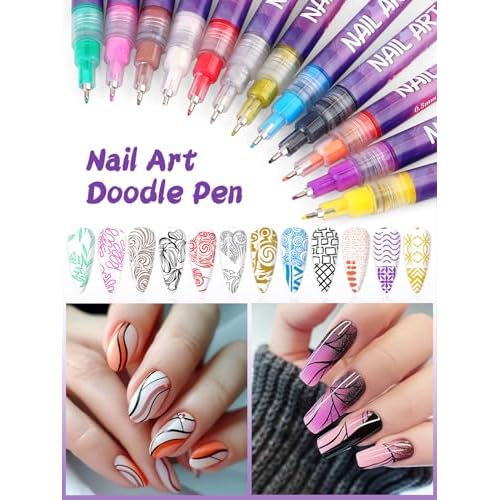 12 Color Acrylic paint pen Set, Kalolary Nail Polish Pens Nail Point Graffiti Dotting Pen Drawing Painting Liner Brush for DIY Nail Art Beauty Adorn Manicure Tools