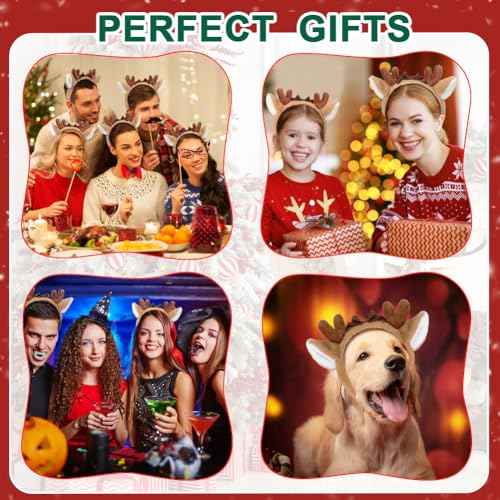Shintop Deer Antlers Headbands, 2pcs Cute Reindeer Ears Headbands with Bow Deer Antlers Costume Soft Christmas Headwear Halloween Party Cosplay for Girls Women Adults (Brown)