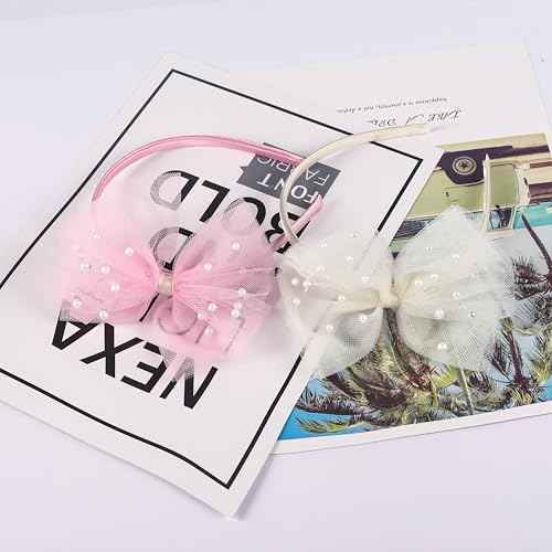 Pearl Headbands Hair Accessories for Toddler Girls - Elegant Lace Veil Headbands for Birthday, Wedding, Halloween, Thanksgiving, and Christmas Occasions-Light Pink