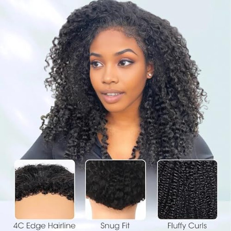 kiss love Kinky Curly Half Wig Human Hair Upgrade 4C Edge Hairline 180 Density 3 In 1 Seamless Flip Over Half Wigs With Drawstring Beginner Friendly Glueless Put and Go Headband Wig For Women