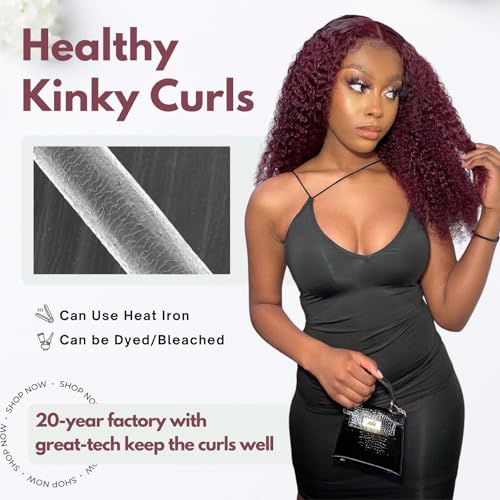 12A #99J Kinky Curly Human Hair Bundles, 100% Unprocessed Remy Human Hair Dark Burgundy Red Wine Colored Tight S-shaped Culry Thick and Soft Bundles Sew in Weave 10/12/14 Inch