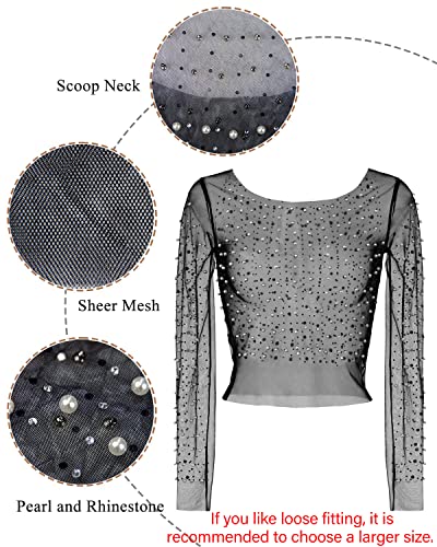 Women's Pearl Rhinestone See Through Long Sleeve Mesh Blouse One Piece Cover Up Halloween Festival Crop Top (Black, 4)