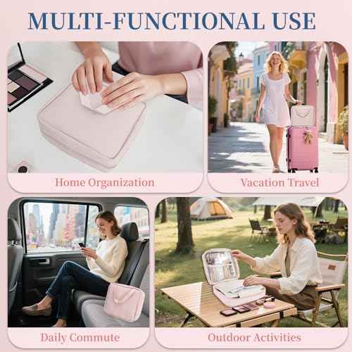 GLINT & GLIDE Travel Makeup Bag with Mirror-Hanging Toiletry Large Capacity, Organizer Toiletries Bag, Portable Cosmetic Case for Women and Girls, Pink