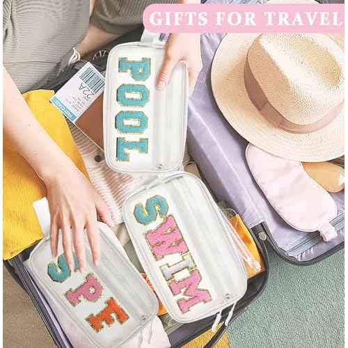 COSHAYSOO Clear SWIM Makeup Bag with Preppy Letter Patch Beach Pool Travel Essential Gifts for Women Swimmer Swimming Team Teenager Girls Cute Toiletry Zipper Pouch Cosmetic Purse Organizer