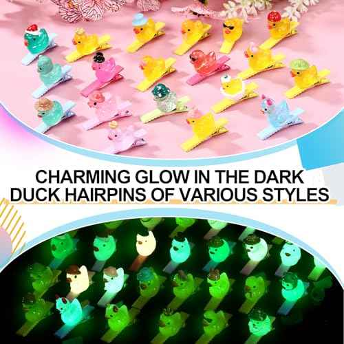 Amyhill 30 Pcs Halloween Mini Duck Hair Clips Funny Rave Sprout Clips for Women Multiple Styles Duck Glowing Resin Hairpins for Music Festival Hawaiian Christmas Party Gift