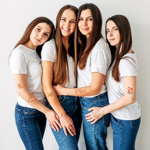 WANDIC 30 Sheets Orange Ribbon Temporary Tattoos, Leukemia Awareness Tattoo Sticker Lymphoma Kidney Cancer Awareness Stickers for Charity Eveny