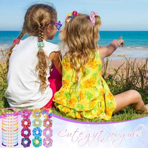 24 Pcs Preppy Friendship Bracelets for Teen Girls Clay Bead Bracelets and Shiny Metallic Hair Scrunchies Heart Surfer Friendship Bracelet Bulk Elastic Hair Ties for Girls Party Favor Gift