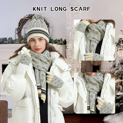 Winter Beanie Hat Long Scarf and Touchscreen Gloves for Women Fleece Lined Skull Cap Neck Scarves for Men 3Pcs