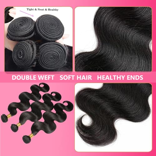 Body Wave Bundles Human Hair 20 22 24 Inch 12A Human Hair Bundles 100% Unprocessed Brazilian Raw Virgin Hair Extensions 3 Bundles Natural Black