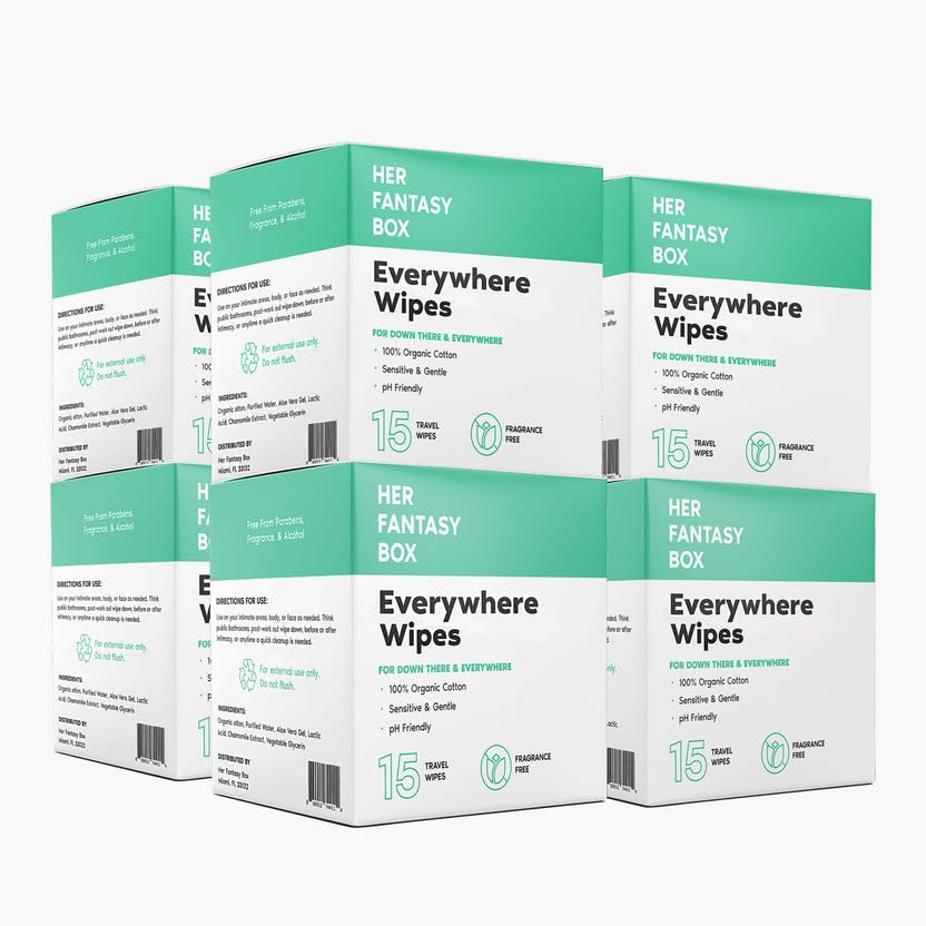 Her Fantasy Box | Everywhere Wipes – 100% Organic Cotton, Gentle & Refreshing, pH-Balanced, Fragrance-Free, Plant-Powered for Body, Face & Intimate Areas, Ideal for Sensitive Skin - 1 Pack, 15 Wipes