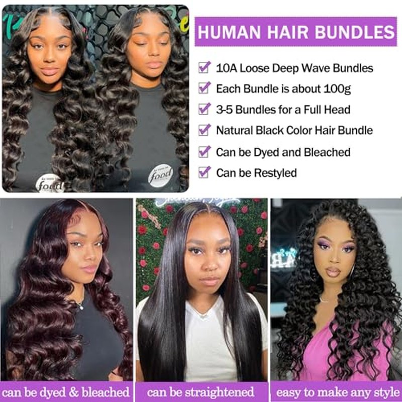 10A Human Hair Bundles with Closure Loose Deep Wave Quick Weave Hair-18 20 22+18inch, 100% Raw Brazilian Virgin Hair Loose Wave Lace Closure with 3 Bundles Pre plucked Natural Black Color