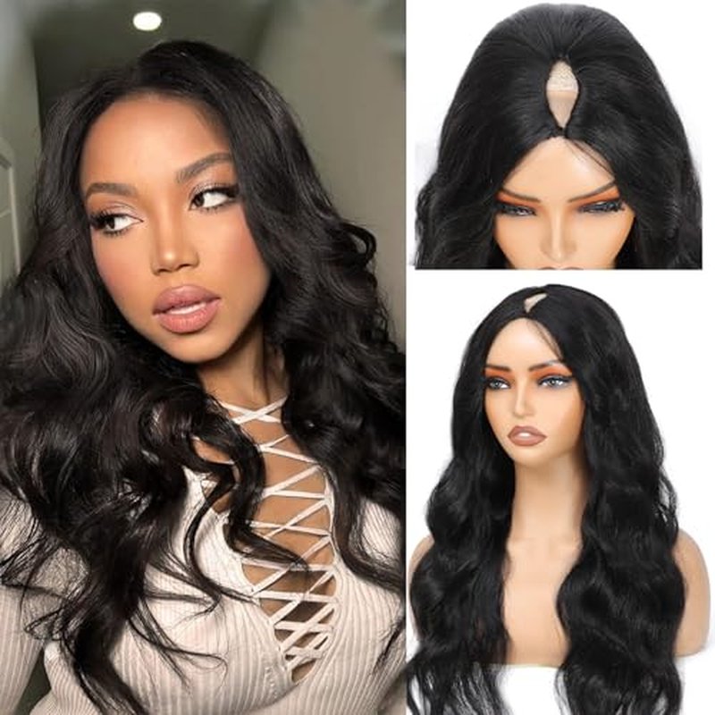 V Part Wig Human Hair Body Wave Upgrade U Part Human Hair Wig With Clips Glueless Wigs Human Hair Beginner Friendly 28 Inch V Shape Clip In Half Wigs for Women No Leave Out 180% Density