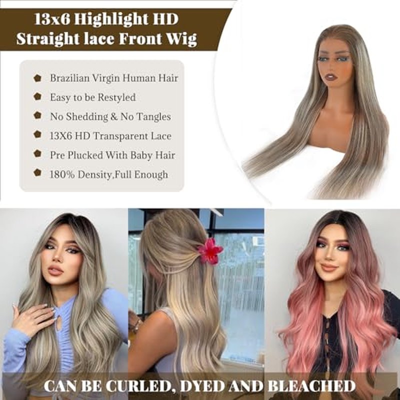 18 Inch Highlights Brown Human Hair Wigs for White Women Ombre Ash Brown Mixed Balayage Blonde with #3 Brown Roots 13x6 HD Glueless Lace Front Wig Human Hair 180% Density Pre Plucked Bleached Knots
