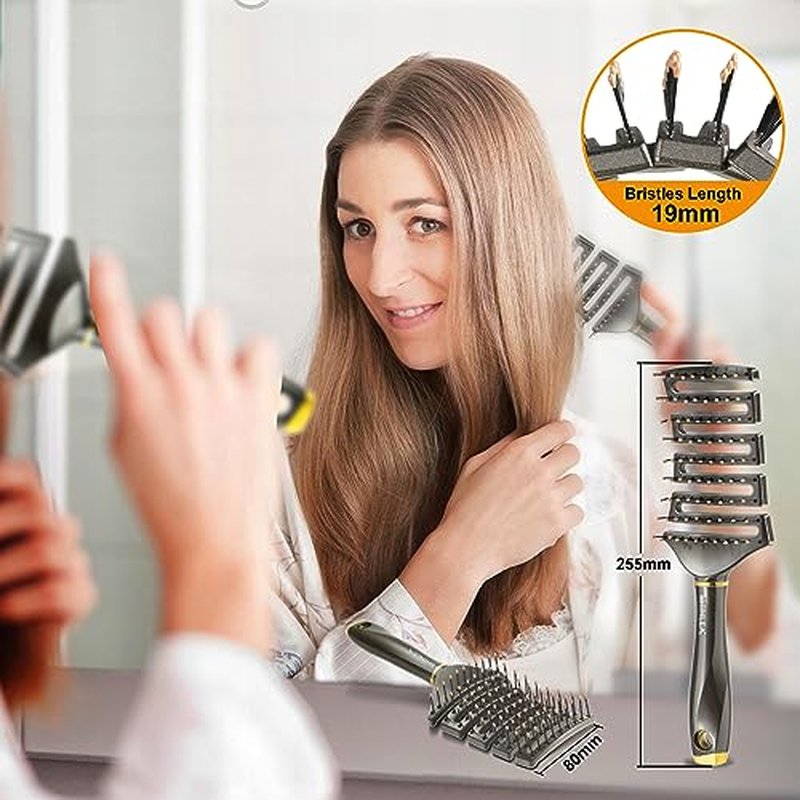Curved Detangling Brush for Curly Hair, Professional Vented Anti-Tangle Brush for Wet & Dry, Ideal for Textured 2A to 4C Hair and Thick Blow Drying