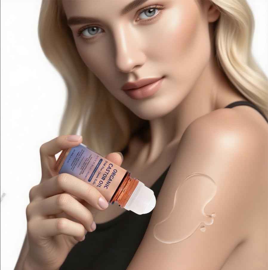 Organic Castor Oil with Rose Quartz Roller, Castor Oil Roll-On with Rose Quartz for Skin, Brows & Lashes, 1.7 fl oz, 100% Pure Cold-Pressed, Hexane-Free (1 pcs)