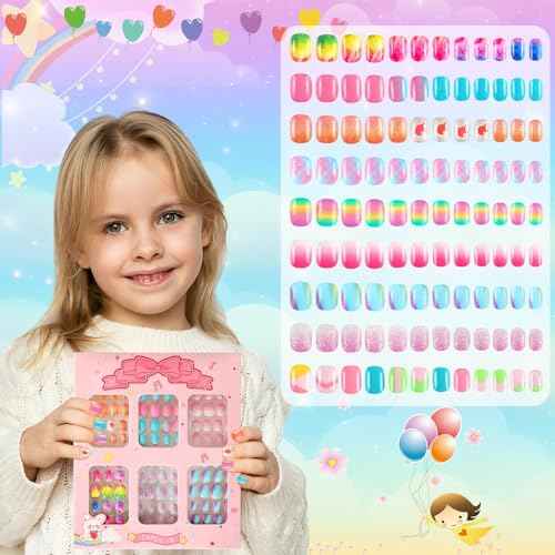 216Pcs 9 Pack Kids Press on Nails Grils Full Cover Short False Stick on Nail Tips for Kids Nail Art Decoration Christmas Birthday Valentine's Party Favors Gift(Gradient Style)