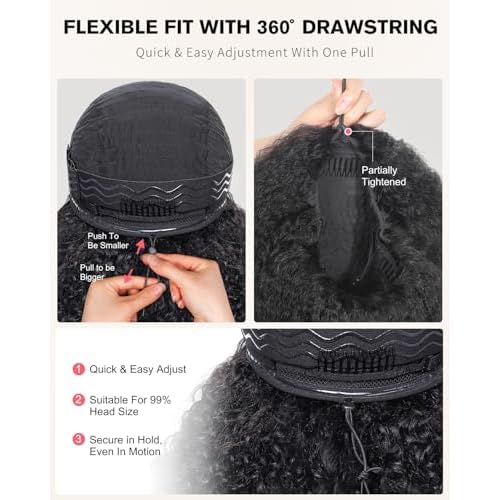 Kinky Curly Half Wig Human Hair 210 Density 3 In 1 Seamless Flip Over Half Wigs Glueless Kinky Curly Wigs Human Hair Beginner Friendly 360 Degree Flexi-fit Drawstring Headband Wig for Women 16 Inch