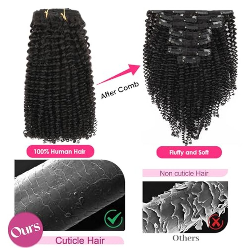 Kinky Curly Clip in Hair Extensions for Women 3C 4A Kinky Curly Clip ins 7Pcs 120g Remy Human Hair Clip in Hair Extensions Double Weft Natural Black 24 Inch