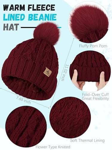 Winter Hat Scarf Gloves Set,Fleece Lined Pom Pom Beanie Hat Warm Knit Long Scarf Touchscreen Gloves Winter Gifts for Women Burgundy