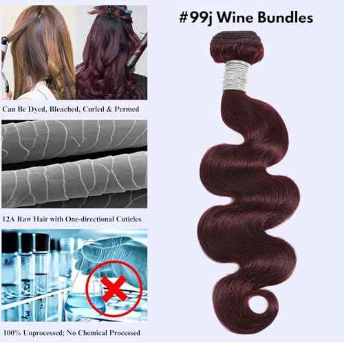99j Dark Burgundy Body Wave Bundles Human Hair, 12A Soft And Shiny Red Wine Colored Bundles 100% Brazilian Virgin Remy Hair Sew In Weave Single Human Hair Bundle Chic #99j Color 10 Inch
